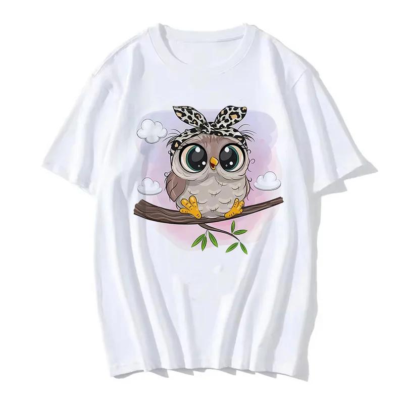 Cartoon Owl Print T Shirt Women Kawaii Graphic Shirts Casual Short Sleeved Black FeUnisex Tee Oneck Harajuku Tshirts