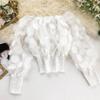 Women Tops Off Shoulder Puff Long Sleeve Elastic Waist Short Tops Perspective Mesh Yarn Casual Tops Party Daily Wear