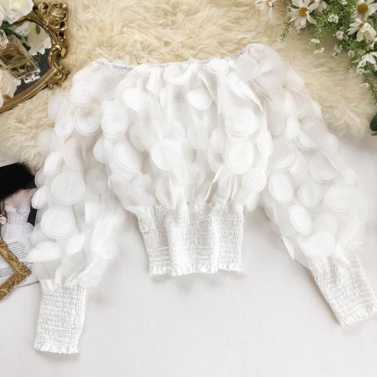 Women Tops Off Shoulder Puff Long Sleeve Elastic Waist Short Tops Perspective Mesh Yarn Casual Tops Party Daily Wear