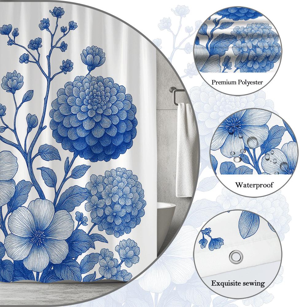 Blue Floral Botanical Shower Curtain Machine Washable All Season Waterproof Privacy Protection 2D Print Vintage Design Elegant