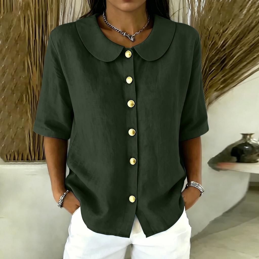 Women Button Front Short Sleeve Shirt Elegant Collar Blouse Casual Loose Fit Summer Top Lightweight Breathable Fabric