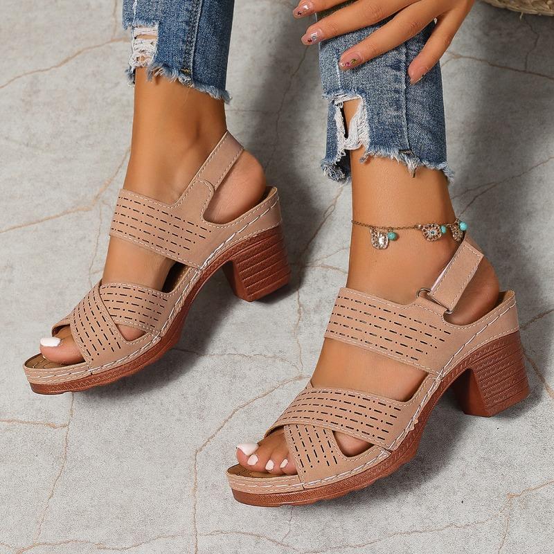 Summer Thick Heel Wedge Sandals Light Hollow Solid Color Large Size Women's Velcro Sandals