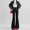 Pockets Embroidered Micro-Flare Denim Trousers Women Autumn Black Big Yardage High-Waisted Skinny Horse Horse Horseshoe Trousers Long Denim Pants