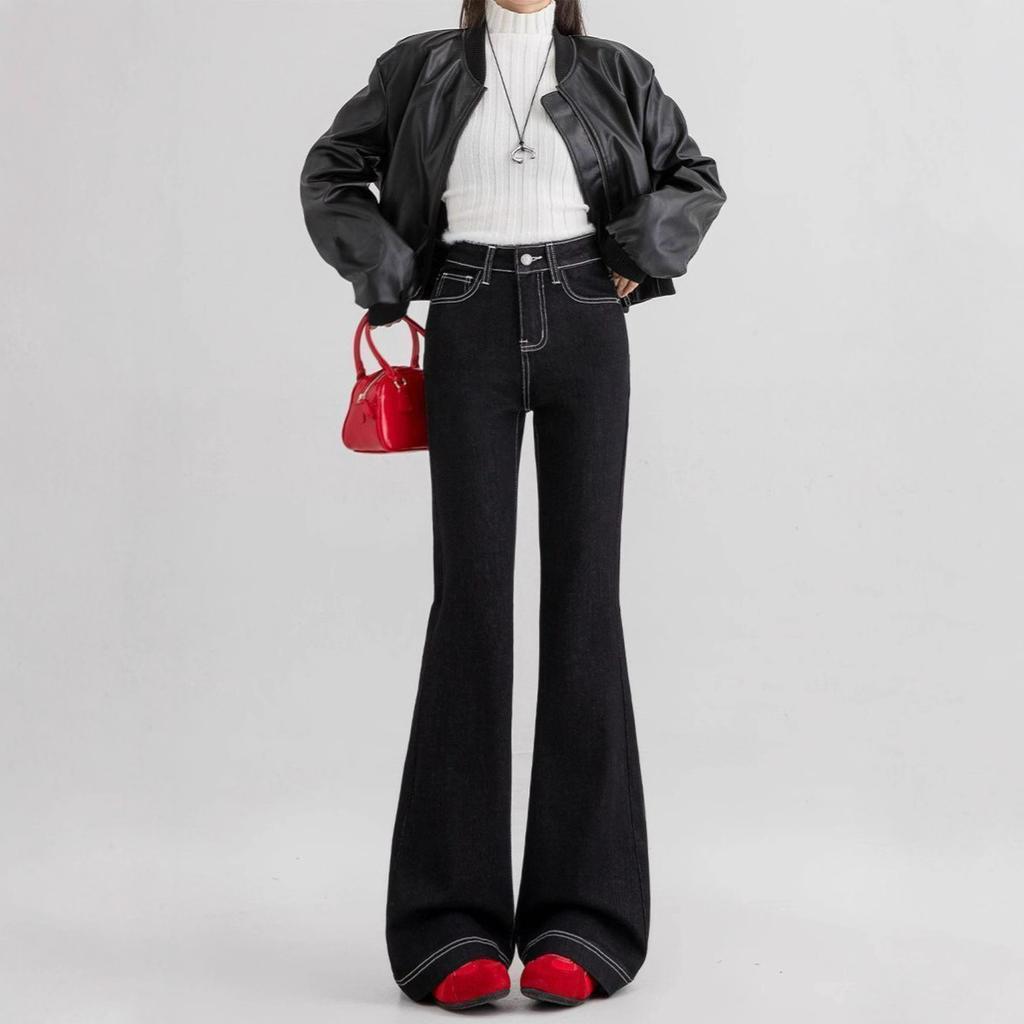 Pockets Embroidered Micro-Flare Denim Trousers Women Autumn Black Big Yardage High-Waisted Skinny Horse Horse Horseshoe Trousers Long Denim Pants