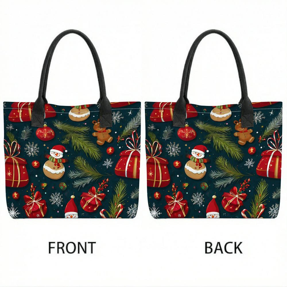 Christmas Print Tote Bag Large Capacity Casual Canvas Shopping Handbag for Holiday Use