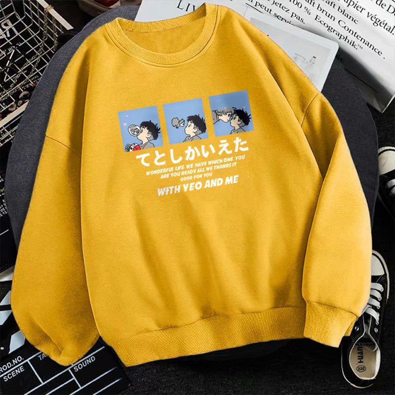 Men's Trendy Loose-Fit Hoodless Sweatshirt - Hong Kong Style, Fleece-Lined, Spring & Autumn, Round Neck, Couple's Pullover.