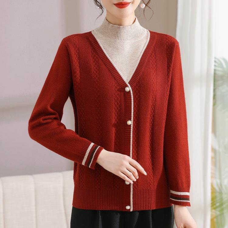 Mom Fake Two-piece Sweater Autumn and Winter Style Middle-aged and Elderly New Top Half Turtle Neck Thickened Women's Base Shirt