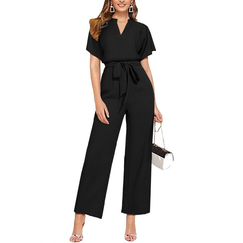 

European Summer Solid Color V-Neck Short-Sleeve Women s Jumpsuit with Belt Extra Large чёрный