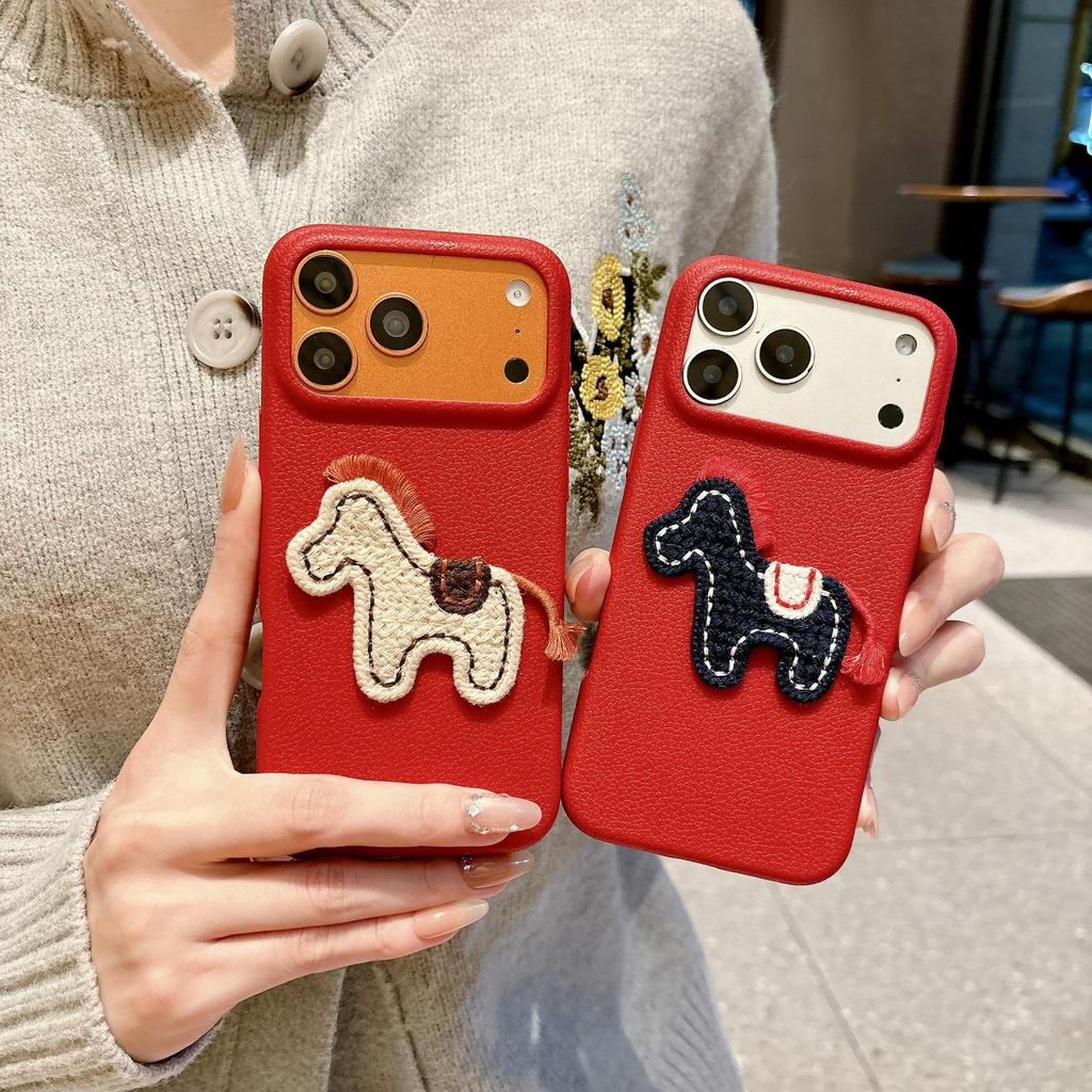 Red Embroidered Horse Leather Phone Case for Apple 17 Pro/iPhone 16, Large Hole, New Year Edition