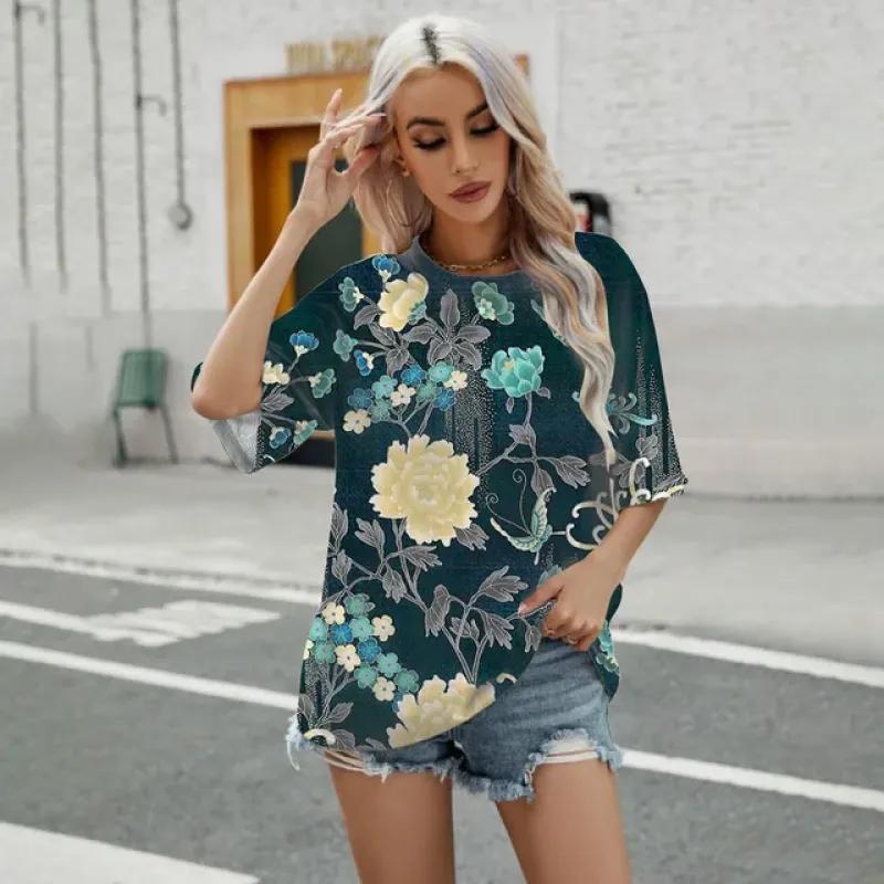 Elegant dame-t-skjorte Mote Blomstermønstertrykk T-skjorte Retro Populær Dame Kortarmet T-skjorte Sommer Fritids-t-skjorte