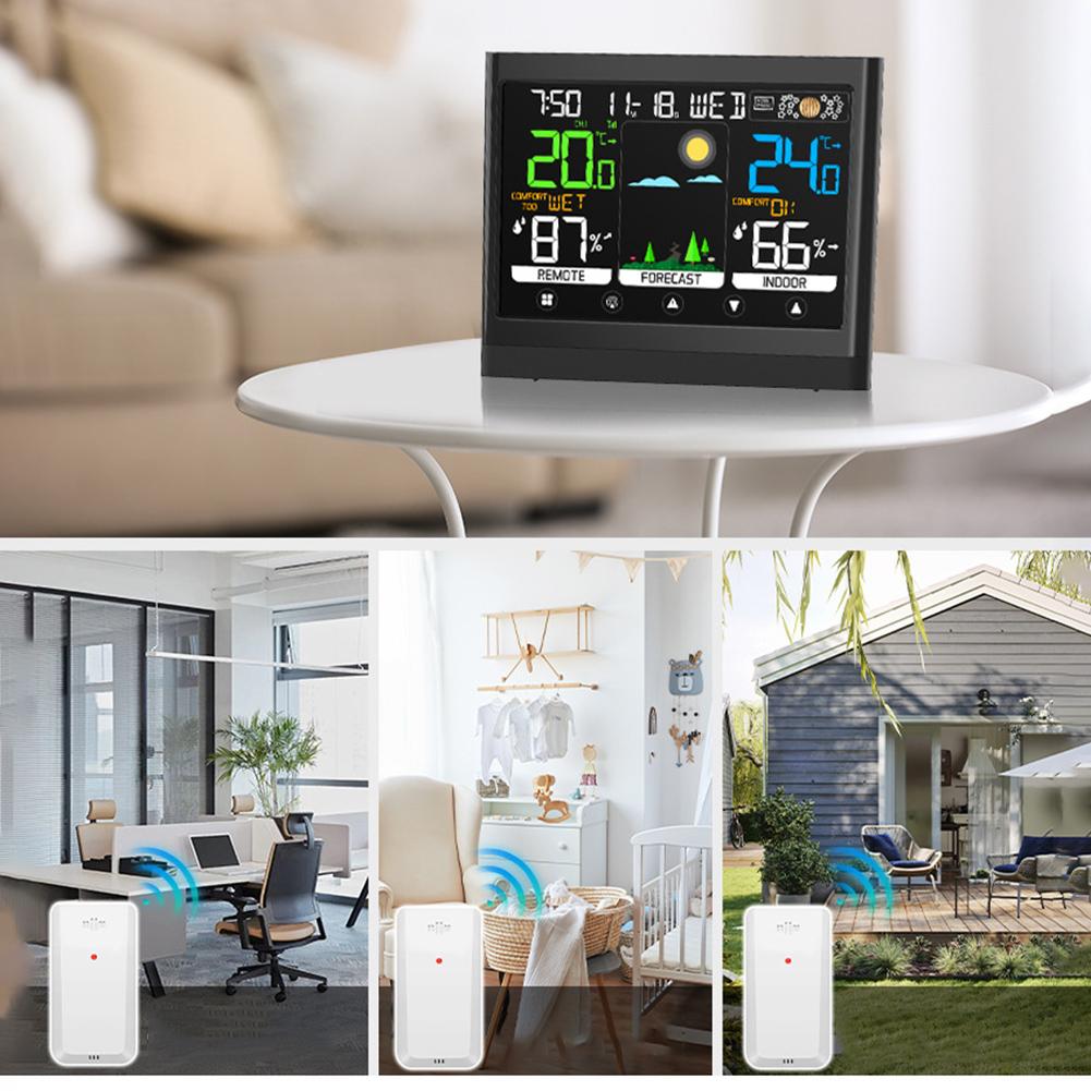 Digital Weather Clock with Touch Screen Technology for Indoor Outdoor Temperature Humidity Range Monitoring Function