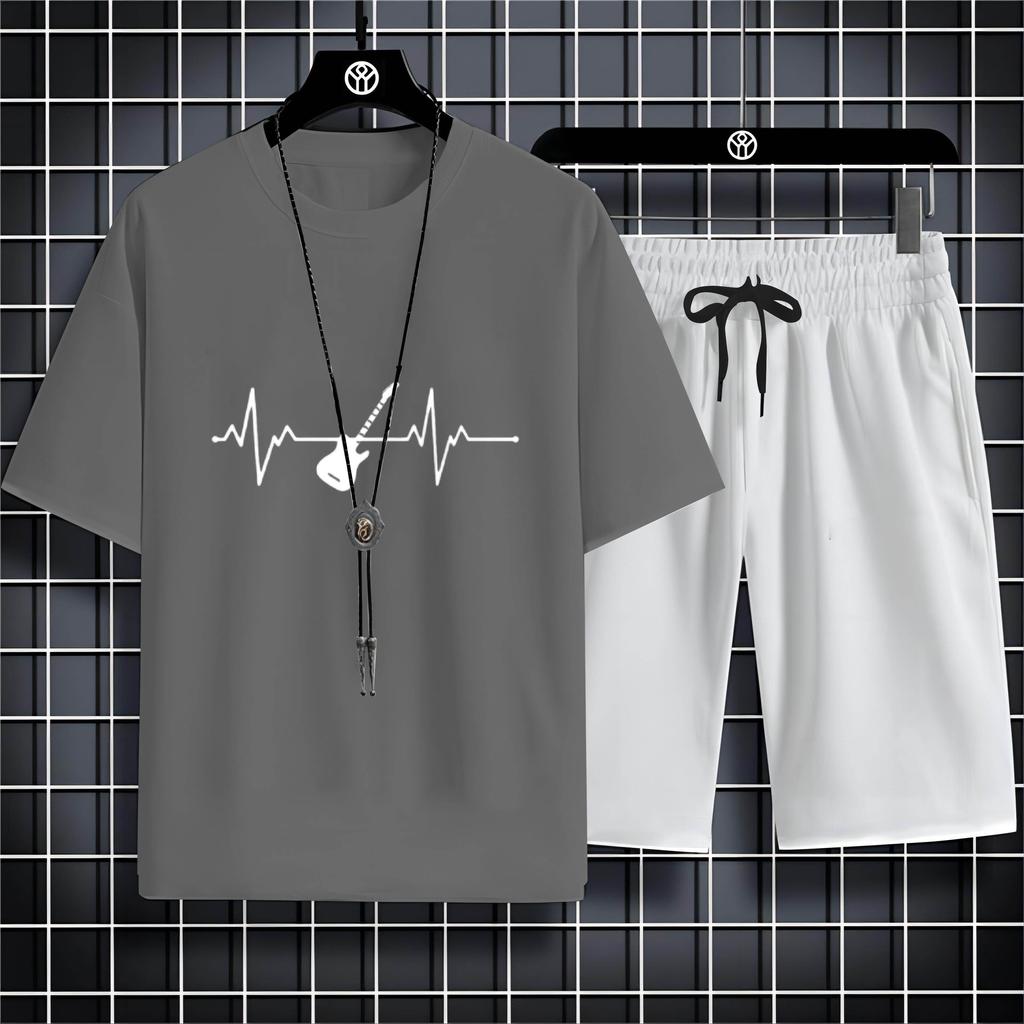 Summer 2023 Casual Outdoor Sports Style 2d Bike Print Men'S Crew Neck T-Shirt Trouser Set Loose And Comfortable Quick Dry