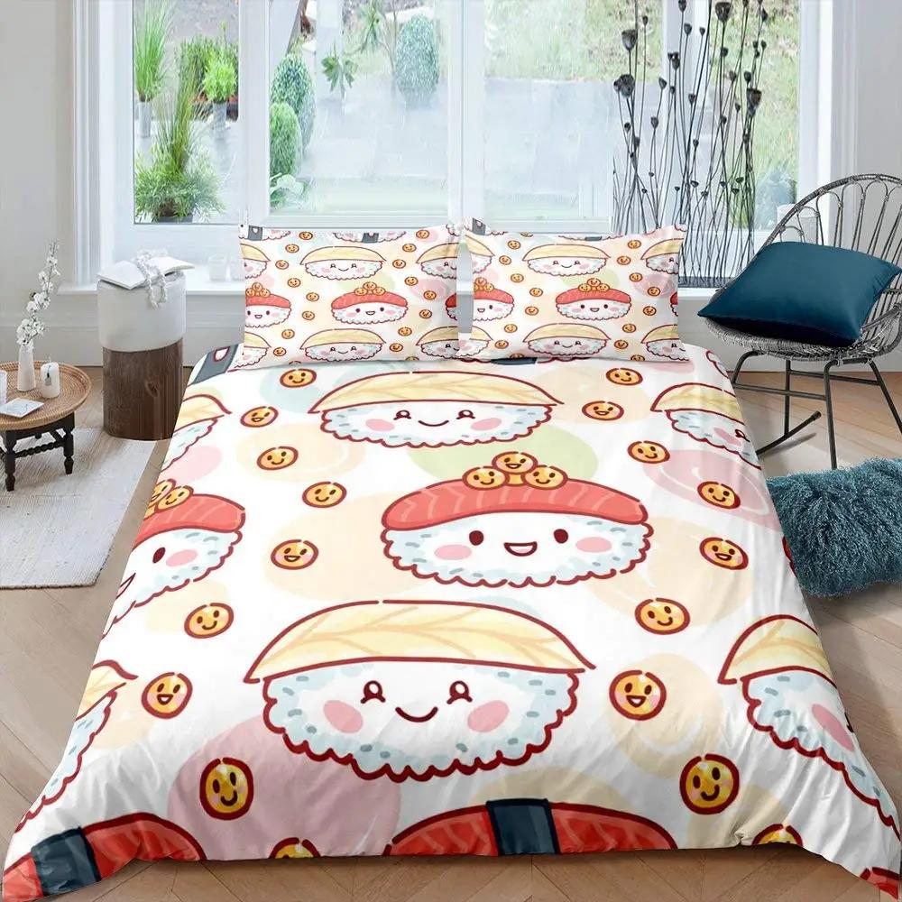 Sushi Comforter Cover,Kawaii Rice Printed Duvet Cover,Cartoon Sushi Food Bedding,Salmon Caviar Sushi Japanese Style Quilt Cover