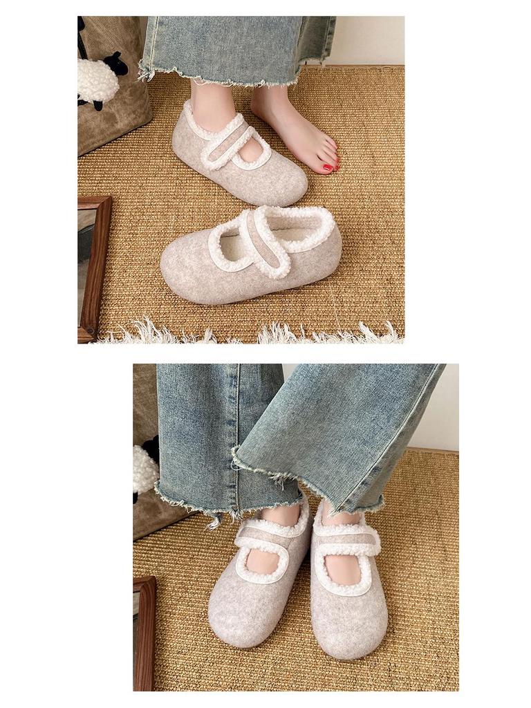 Comfortable Women's Furry Mary Jane Shoes for Autumn/Winter - Versatile, Solid Color, Cotton-Enhanced, Ideal for Home, Outdoor, and Commuting.