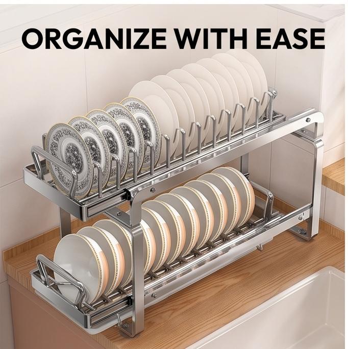Premium Stainless Steel Pull Out Dish Rack Kitchen Cabinet Drawer Bowl Plate Drying Multi Size Storage Organizer