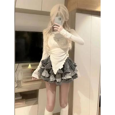 Kawaii Süße Harajuku T-Shirts Top Frauen Japanische Mode Y2k Unregelmäßige Rüschen Niedlicher Rabblit Print Schlanke T-Shirts Weiches Gril