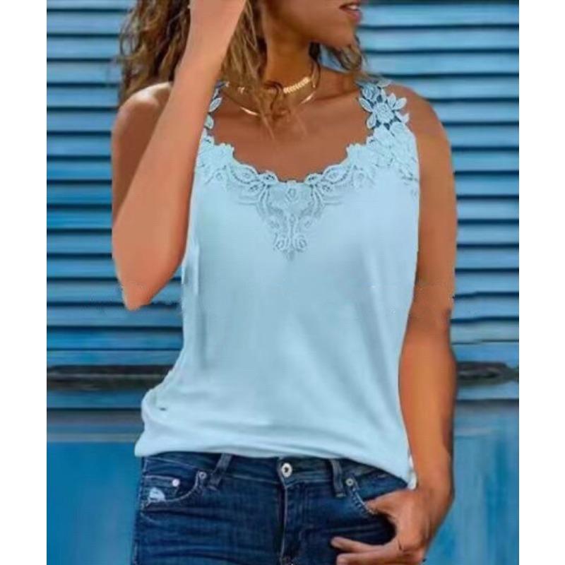 Women Fashion Vest Summer Casual Plus Size Shirts Sleeveless Lace Tops with Stitching