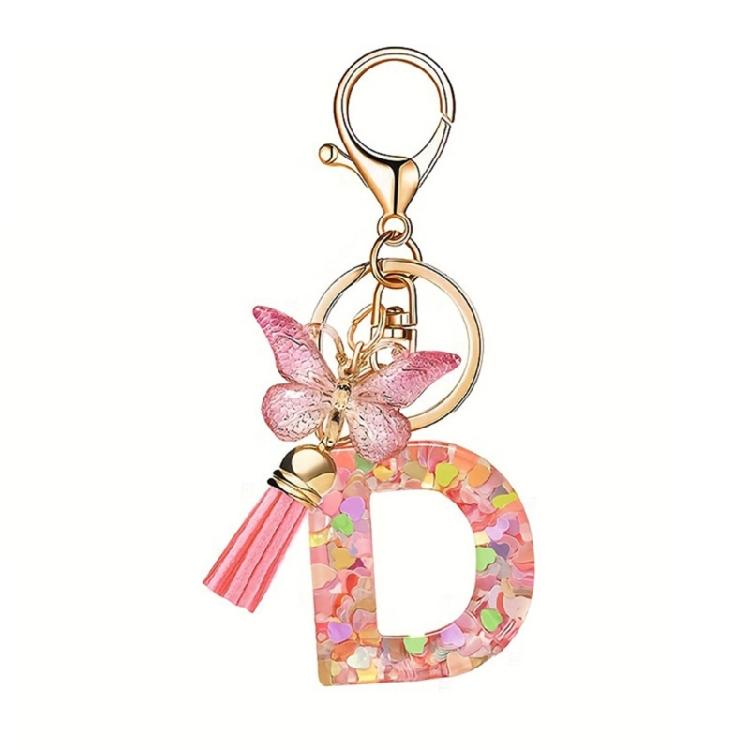 Fashionable Crystal Letter Keychain Sparkling Butterfly Tassels Charm Keyring Ornament for Women Girls Accessories