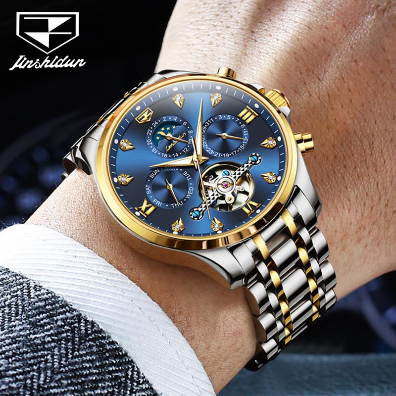 JINSHIDUN Novo Relógio Masculino de Negócios e Lazer Relógio Mecânico Multifuncional de Negócios Luminoso Tourbillon Relógio Masculino de Alta Qualidade