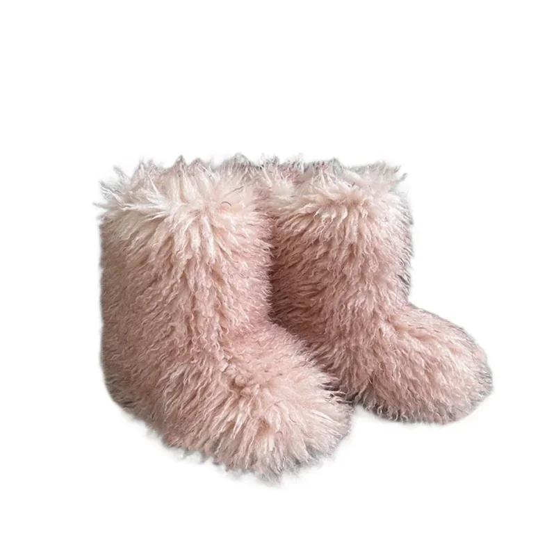 Fashion New Winter Fur Onepiece Raccoon Fur Female Snow Boots Fur Shoes Outdoor Mid Leg Boots