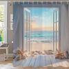1Pc Ocean Beach Shell Wooden Door Seaside Scenery Print Waterproof Shower Curtain Partition Privacy Hanging Curtain With Hooks