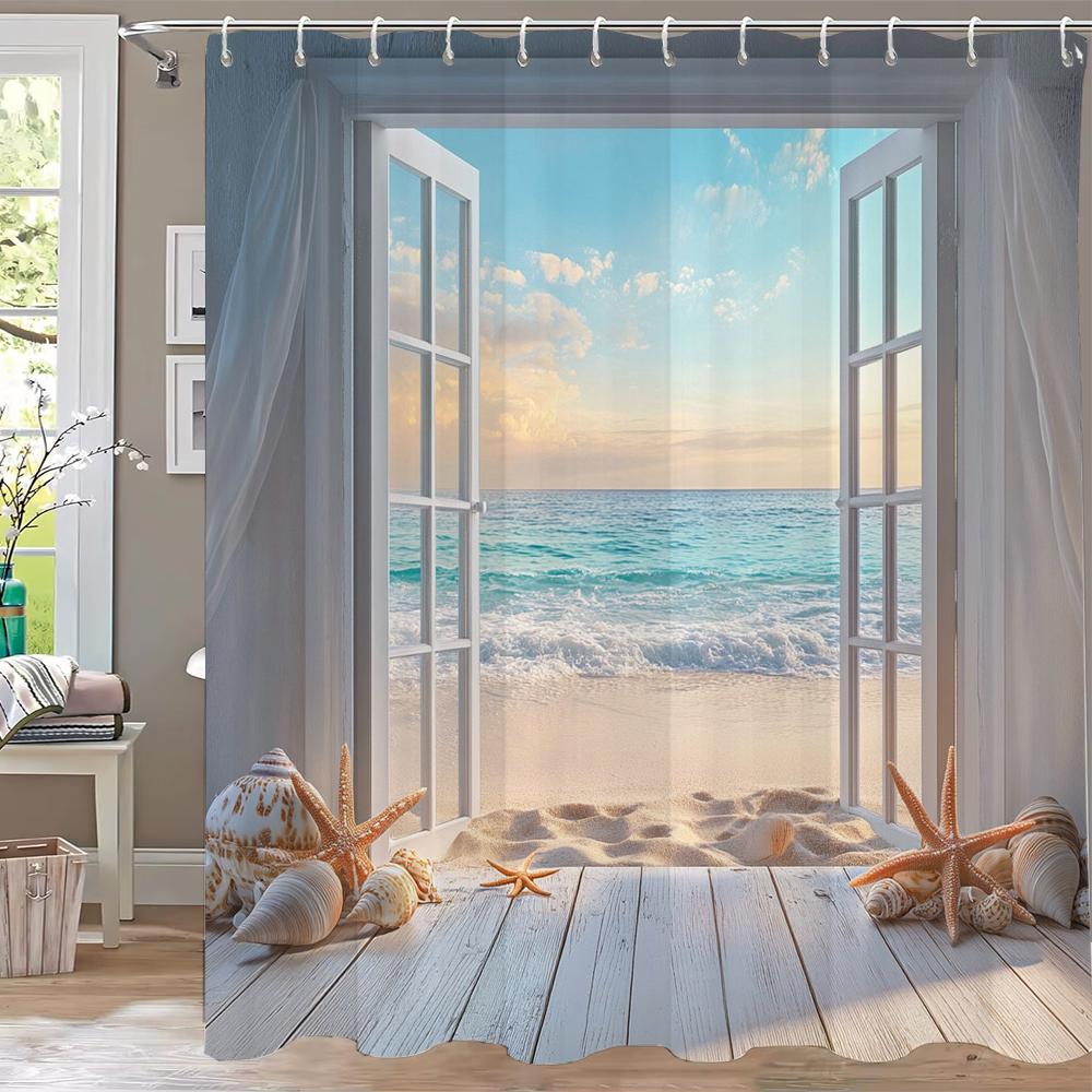 1Pc Ocean Beach Shell Wooden Door Seaside Scenery Print Waterproof Shower Curtain Partition Privacy Hanging Curtain With Hooks