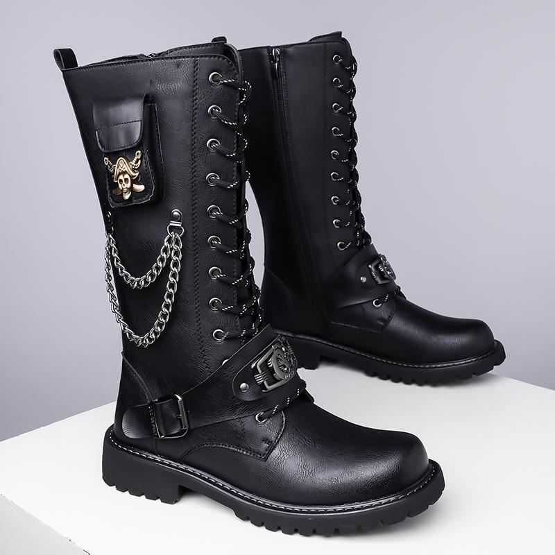 Fashion Fashion Men's High Motorcycle Boots Gothic Punk Genuine Leather Boots Comfy Flat Designer Casual Leather Outdoor Tooling Boot
