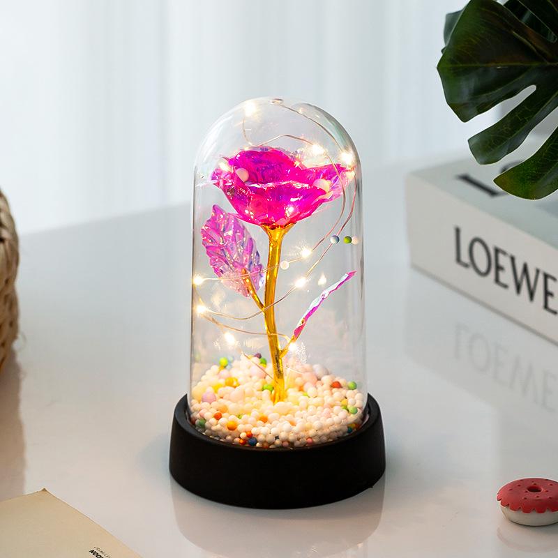 LED Gold Foil Rose with Crystal Glass Cover - Light-up Preserved Flower Ornament for Valentine's Day or Christmas Gift