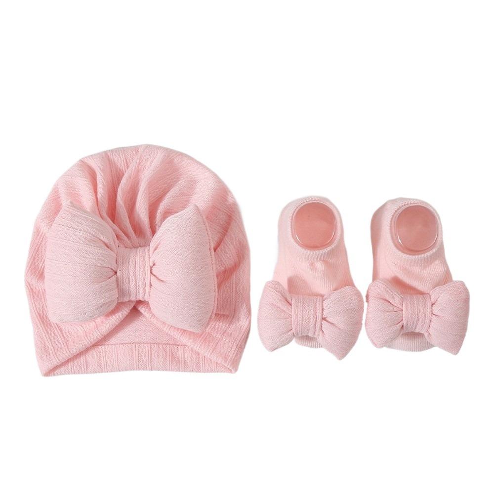 

3Pcs/Set Bow Baby Fetal Cap Cotton Newborn Turban Hat Cute Baby Hat Socks Set Toddler светло-розовый