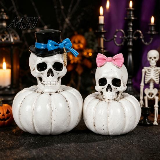 Versatile Festival Scene Decorations Gothic Skull Pumpkin Statue, Halloween Bride Groom Figurine, Pink Bow On Ornament for Desktop Mantel Decor Unique