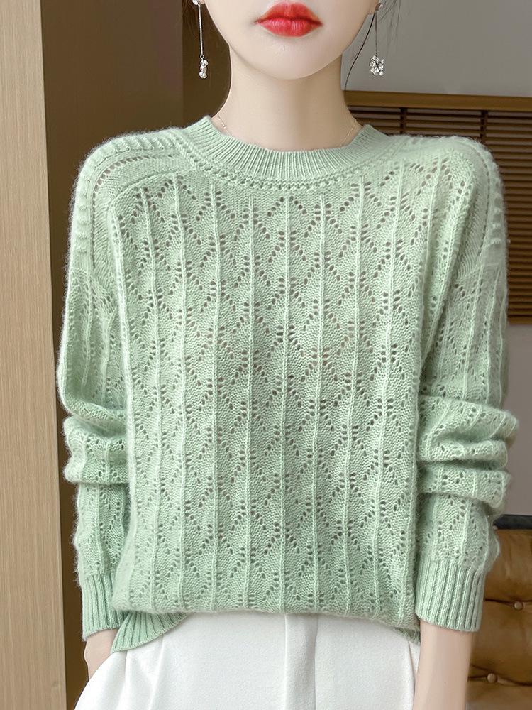 Women's Loose Wool Sweater - Half-High Neck, Diamond Cutout, Crocheted, 100% Pure Wool, Long Sleeve Knit