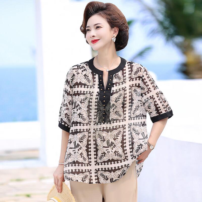 

Elegant Beaded Print Round Neck Summer T-Shirt XL