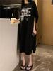 Pure cotton round neck short-sleeved t-shirt skirt children's Korean version loose large size medium and long dress knee-length dress summer tide