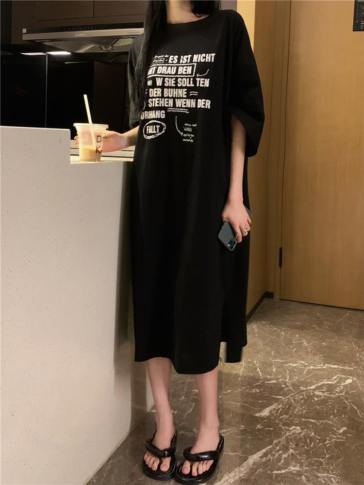 Pure cotton round neck short-sleeved t-shirt skirt children's Korean version loose large size medium and long dress knee-length dress summer tide