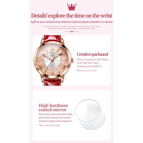 OLEVS Women's Watch Set - Easy-to-Read Bracelet Watch - Premium Stainless Steel - Calendar, 3 ATM Water Resistance, Luminous Gold/Silver (Red)