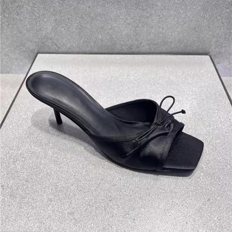 Elegant Slippers Women Solid Leather Solid Color Peep Toe Thin High Heels Ladies Slides Butterfly Knot Outdoor Shoes Plus Size