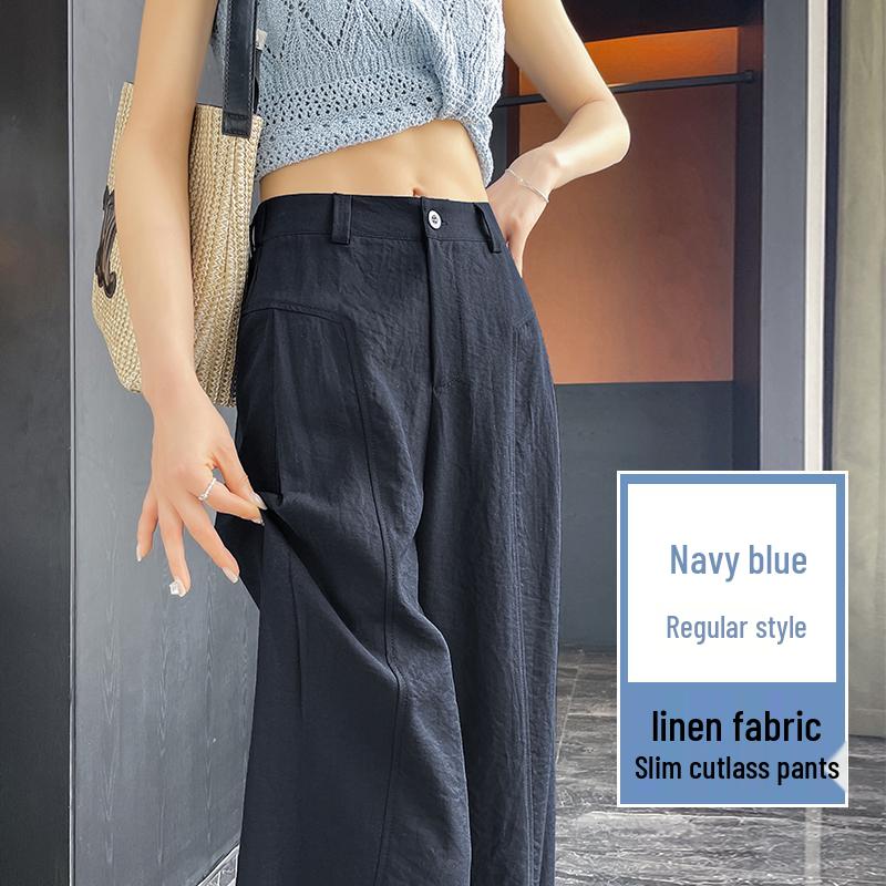 

Women s Summer 2026 Linen Cropped Ice Silk Navy Blue Wide-Leg Pants Extra Large темно-синий