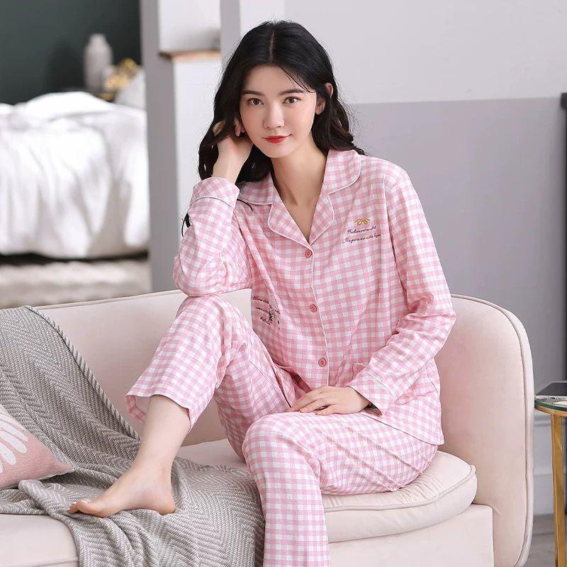 Conjunto de Pijama de Algodão para Mulheres de Meia-Idade - Cardigan de Manga Comprida para Primavera e Outono