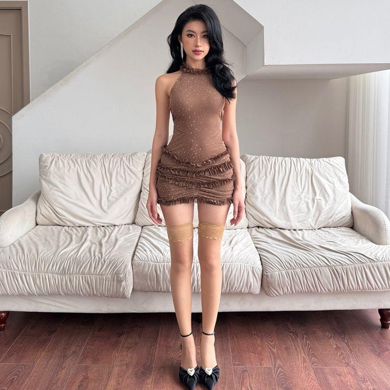 French Pure Desire Sexy Wooden Ear Patchwork Halterneck Dress Female Autumn Brown Sexy Open Back Slim-Fit Hip-Wrapped Short Dress