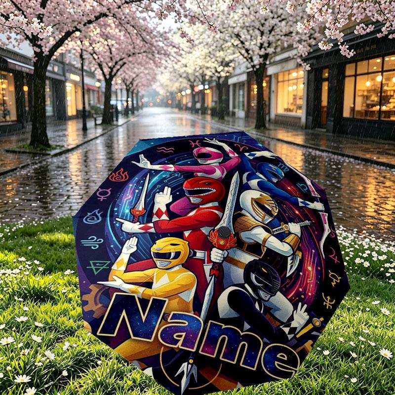 Custom Name Personalized Power Rangers Print Umbrella, Auto Open Close, 8‑Rib Sturdy Frame, Commute Camping Hiking Use, Birthday Gift