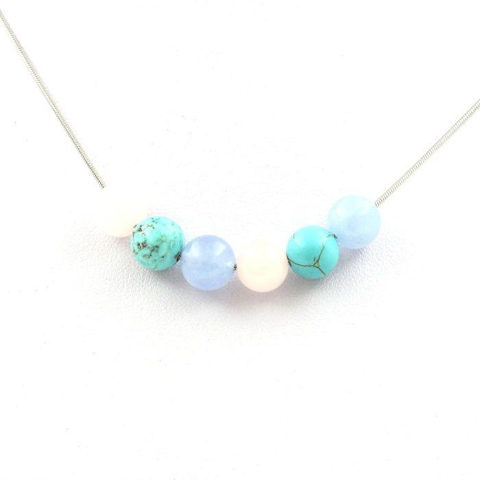 Pierres et Minéraux. Collier perles Quartz rose + Aigue-Marine + Howlite Turquoise 8 mm. Collier femmes, hommes. Taille personnalis