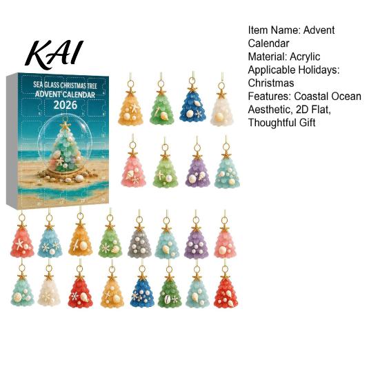 Unique 2026 Advent Calendar Christmas Calendar, Sea Glass Tree 2D Acrylic Ornament Set Coastal Home Holiday Ornaments with Hanging String, Countdown