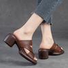 Johnature Hollow Out Breathable High Heel Slippers Genuine Leather Peep Toe Casual Slides Versatile Women Shoes
