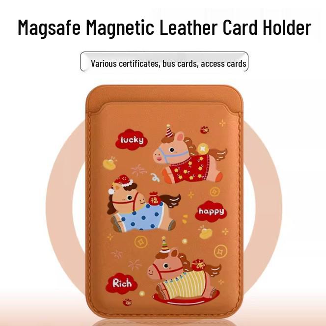 Lucky Happy Little Horse MAGsafe Magnetic Leather Card Holder Compatible Apple Phone Case