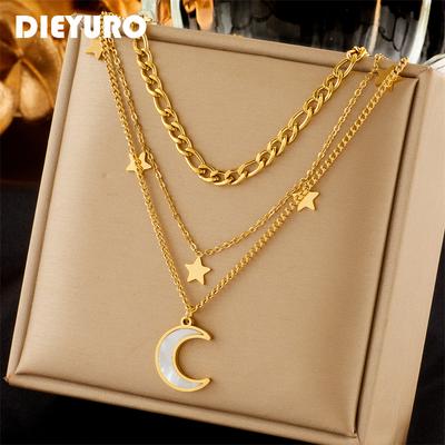 DIEYURO 316L Stainless Steel Bending Moon Stars Pendant Necklace For Women New Gold Color 3in1 Choker Chains Zircon Gifts
