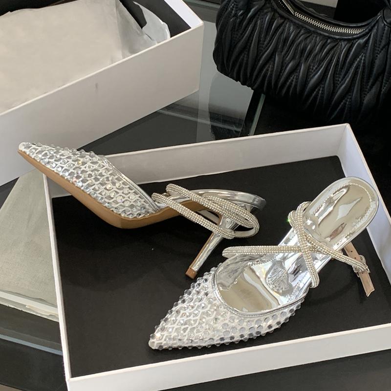 Woman Designer Rhinestone Mesh Pointed Toe Slingback Sandals Crystal Ankle Strap Women Pumps High Heels Party Prom Shoes
