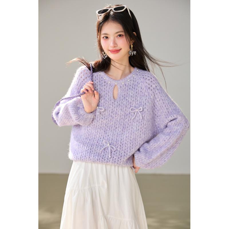 Autumn 2026 Purple Knit Sweater with Korean Bow Décor