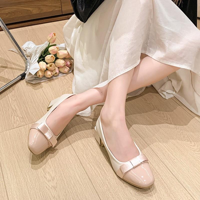 Sweet Bow Single Shoes Women's Spring and Autumn 2024 New French Small Fragrant Temperament with Skirt Thick Heel High Heels