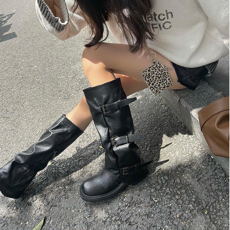 Pleated mid-top knight boots women's 2025 new belt buckle vintage western cowboy boots stacked boots