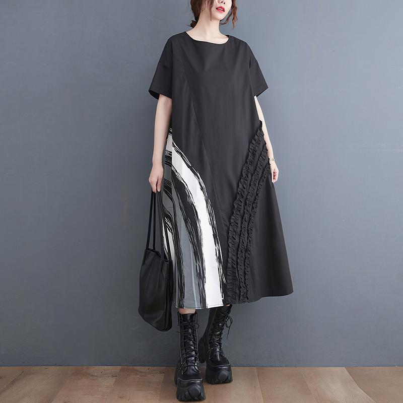 

DIMANAF Plus Size Loose Dress Printing Women 2025 O-Neck New Summer Casual Style Shirt Dress Maxi One Size чёрный